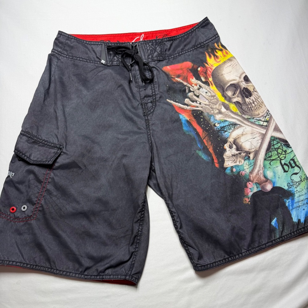 Body Glove Mens Skull Board Shorts Swim Trunks Black Red Size 30 Goth Skater Y2K